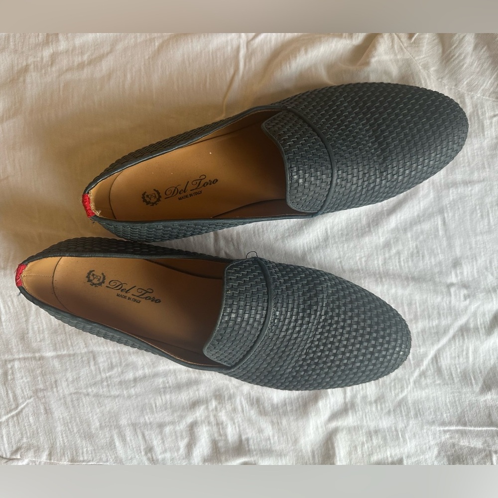 Del Toro Blue Woven Leather Loafers. 

Used with one rip on one shoe.